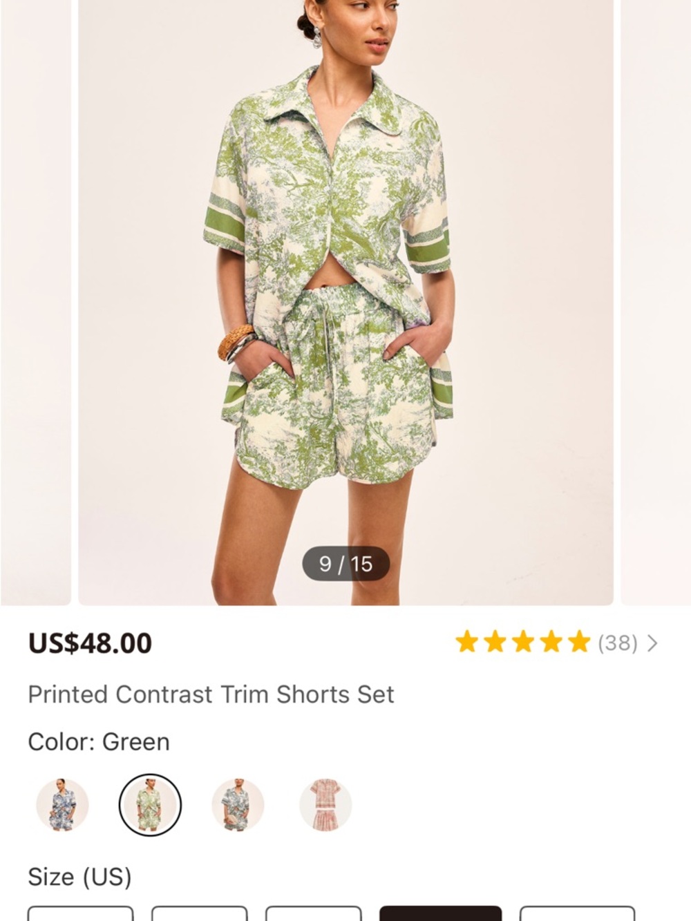 Commense Green and Cream Two-Piece Printed Short Set - Picture 2 of 2